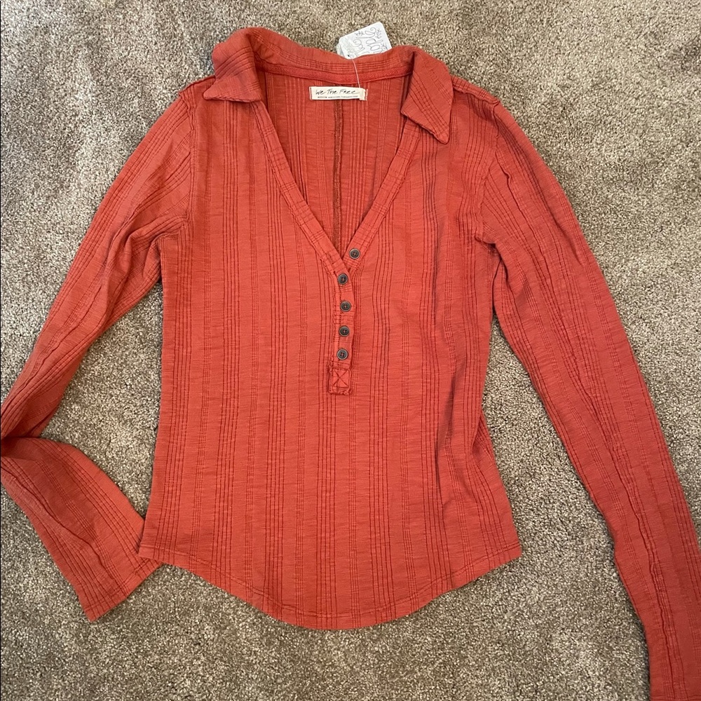 NWT Free People Rust V Neck Polo L/S Size-M